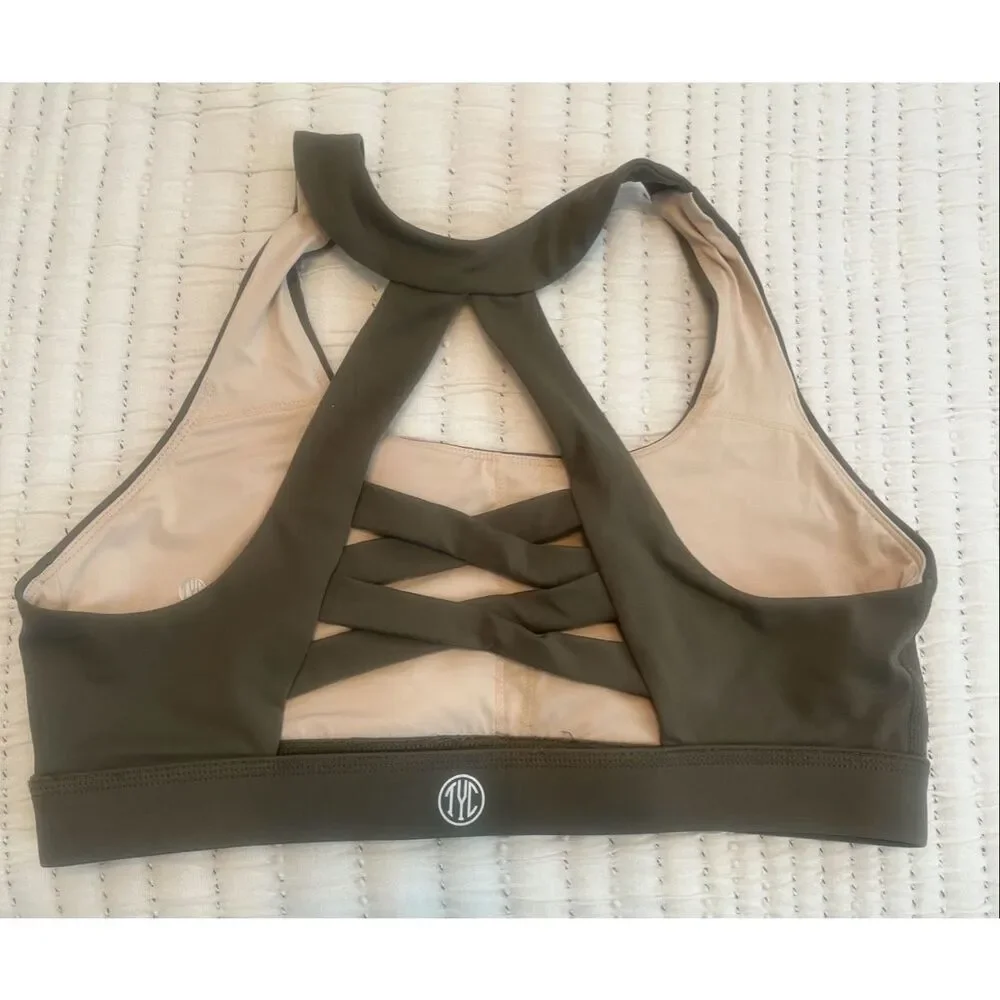 TYD Olive Green Sports Bra Strappy Back Medium Support Activewear NWOT Size L